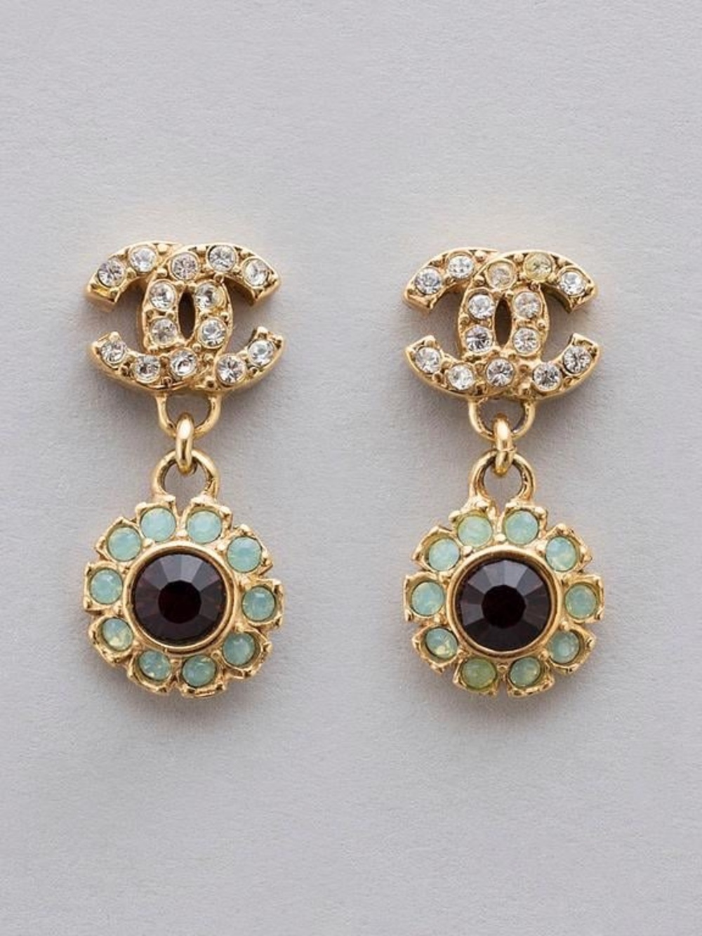 Authentic CHANEL CC floral gemstone drop earrings